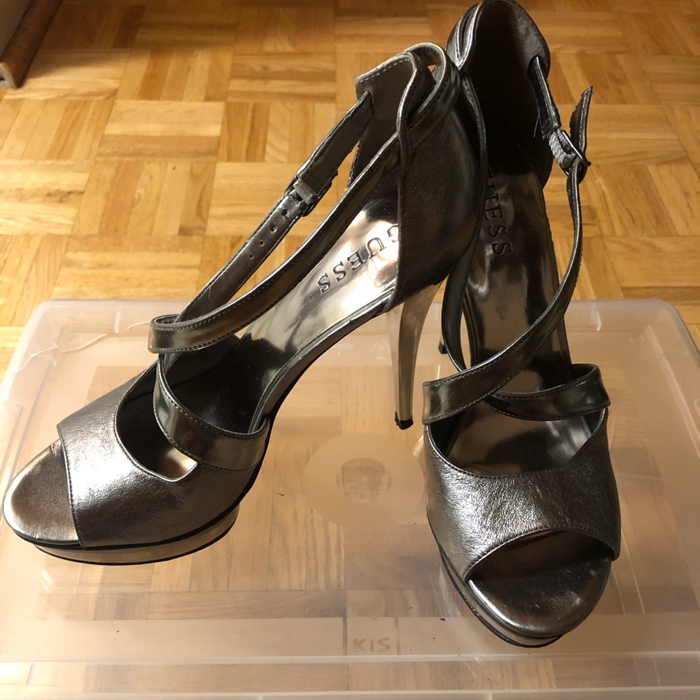 Open toe silver Guess platform heels